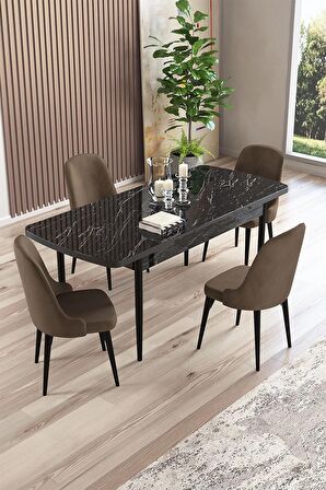 Rovena Armin Siyah Mermer 80x132 Açılabilir Mdf Mutfak Masası Takımı 4 Adet Sandalye