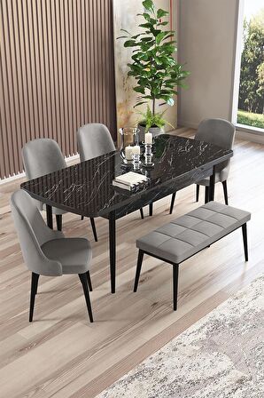 Rovena Armin Siyah Mermer 80x132 Açılabilir Mdf Mutfak Masası Takımı 4 Adet Sandalye+1 Bench