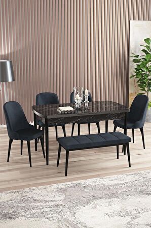 Rovena Armin Siyah Mermer 80x132 Açılabilir Mdf Mutfak Masası Takımı 4 Adet Sandalye+1 Bench