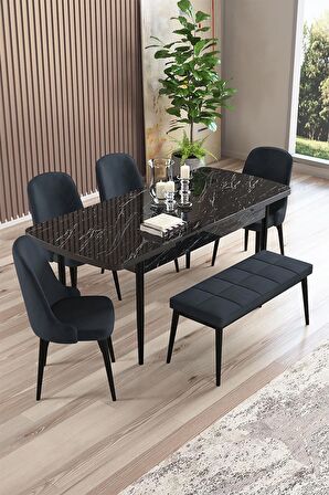 Rovena Armin Siyah Mermer 80x132 Açılabilir Mdf Mutfak Masası Takımı 4 Adet Sandalye+1 Bench