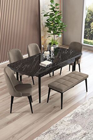 Rovena Armin Siyah Mermer 80x132 Açılabilir Mdf Mutfak Masası Takımı 4 Adet Sandalye+1 Bench