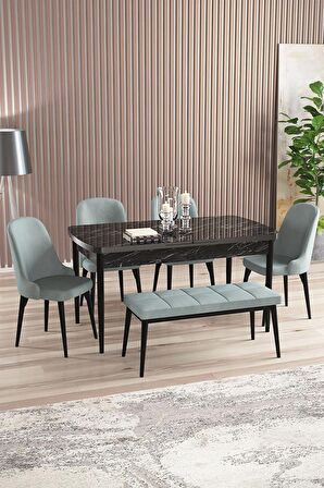 Rovena Armin Siyah Mermer 80x132 Açılabilir Mdf Mutfak Masası Takımı 4 Adet Sandalye+1 Bench