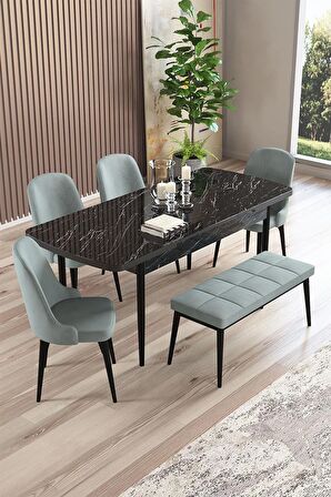 Rovena Armin Siyah Mermer 80x132 Açılabilir Mdf Mutfak Masası Takımı 4 Adet Sandalye+1 Bench