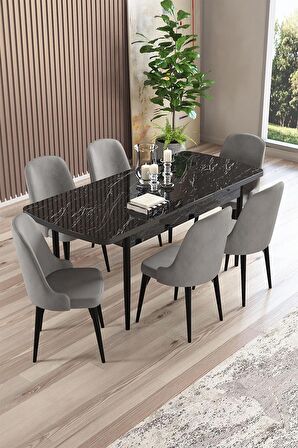Rovena Armin Siyah Mermer 80x132 Açılabilir Mdf Mutfak Masası Takımı 6 Adet Sandalye