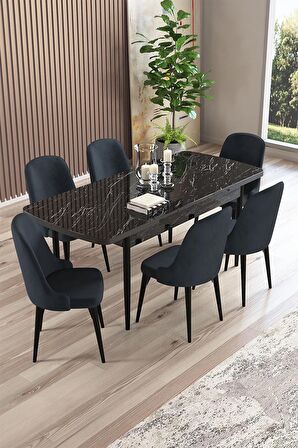 Rovena Armin Siyah Mermer 80x132 Açılabilir Mdf Mutfak Masası Takımı 6 Adet Sandalye