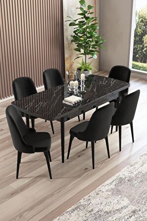 Rovena Armin Siyah Mermer 80x132 Açılabilir Mdf Mutfak Masası Takımı 6 Adet Sandalye