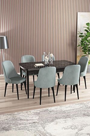 Rovena Armin Siyah Mermer 80x132 Açılabilir Mdf Mutfak Masası Takımı 6 Adet Sandalye