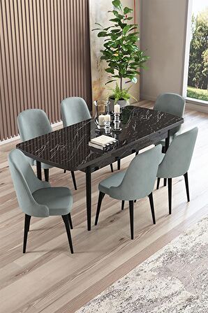 Rovena Armin Siyah Mermer 80x132 Açılabilir Mdf Mutfak Masası Takımı 6 Adet Sandalye