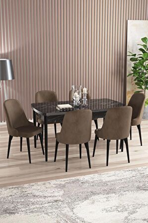 Rovena Armin Siyah Mermer 80x132 Açılabilir Mdf Mutfak Masası Takımı 6 Adet Sandalye
