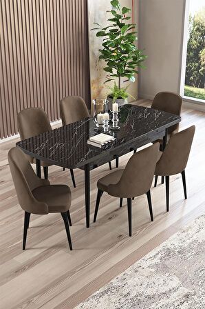 Rovena Armin Siyah Mermer 80x132 Açılabilir Mdf Mutfak Masası Takımı 6 Adet Sandalye