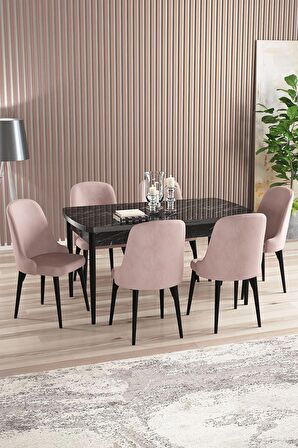 Rovena Armin Siyah Mermer 80x132 Açılabilir Mdf Mutfak Masası Takımı 6 Adet Sandalye