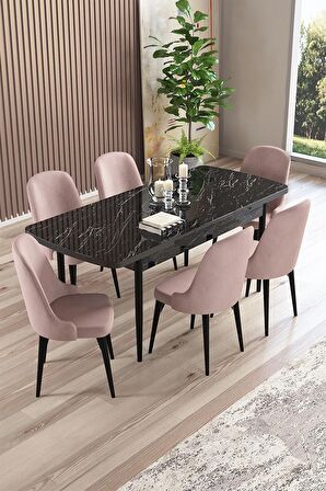 Rovena Armin Siyah Mermer 80x132 Açılabilir Mdf Mutfak Masası Takımı 6 Adet Sandalye