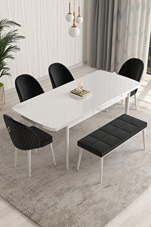 Rovena Arjeta Beyaz 80x132 Açılabilir Mdf Mutfak Masası Takımı 4 Adet Sandalye+1 Bench