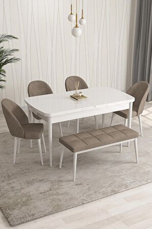 Rovena Arjeta Beyaz 80x132 Açılabilir Mdf Mutfak Masası Takımı 4 Adet Sandalye+1 Bench