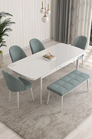 Rovena Arjeta Beyaz 80x132 Açılabilir Mdf Mutfak Masası Takımı 4 Adet Sandalye+1 Bench