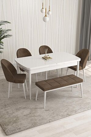 Rovena Arjeta Beyaz 80x132 Açılabilir Mdf Mutfak Masası Takımı 4 Adet Sandalye+1 Bench