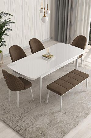 Rovena Arjeta Beyaz 80x132 Açılabilir Mdf Mutfak Masası Takımı 4 Adet Sandalye+1 Bench