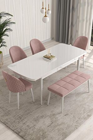Rovena Arjeta Beyaz 80x132 Açılabilir Mdf Mutfak Masası Takımı 4 Adet Sandalye+1 Bench