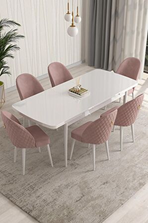 Rovena Arjeta Beyaz 80x132 Açılabilir Mdf Mutfak Masası Takımı 6 Adet Sandalye