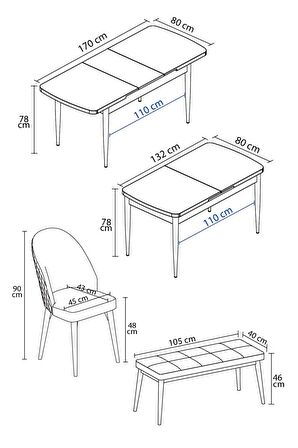 Rovena Arjeta Meşe 80x132 Açılabilir Mdf Mutfak Masası Takımı 4 Adet Sandalye+1 Bench