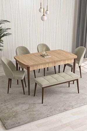 Rovena Arjeta Meşe 80x132 Açılabilir Mdf Mutfak Masası Takımı 4 Adet Sandalye+1 Bench