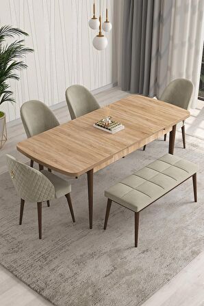 Rovena Arjeta Meşe 80x132 Açılabilir Mdf Mutfak Masası Takımı 4 Adet Sandalye+1 Bench