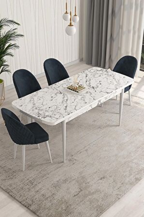 Rovena Arjeta Beyaz Mermer 80x132 Açılabilir Mdf Mutfak Masası Takımı 4 Adet Sandalye