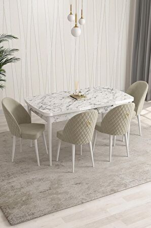 Rovena Arjeta Beyaz Mermer 80x132 Açılabilir Mdf Mutfak Masası Takımı 4 Adet Sandalye
