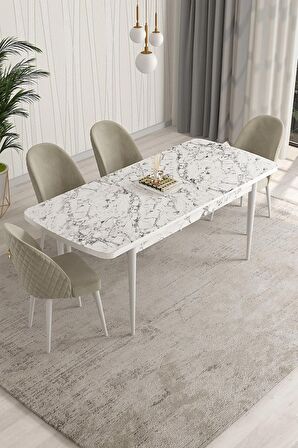 Rovena Arjeta Beyaz Mermer 80x132 Açılabilir Mdf Mutfak Masası Takımı 4 Adet Sandalye