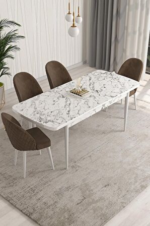 Rovena Arjeta Beyaz Mermer 80x132 Açılabilir Mdf Mutfak Masası Takımı 4 Adet Sandalye