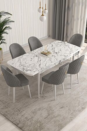 Rovena Arjeta Beyaz Mermer 80x132 Açılabilir Mdf Mutfak Masası Takımı 4 Adet Sandalye+1 Bench