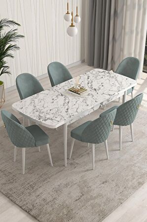 Rovena Arjeta Beyaz Mermer 80x132 Açılabilir Mdf Mutfak Masası Takımı 4 Adet Sandalye+1 Bench