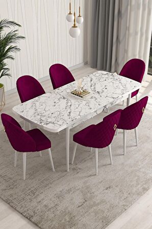 Rovena Arjeta Beyaz Mermer 80x132 Açılabilir Mdf Mutfak Masası Takımı 6 Adet Sandalye