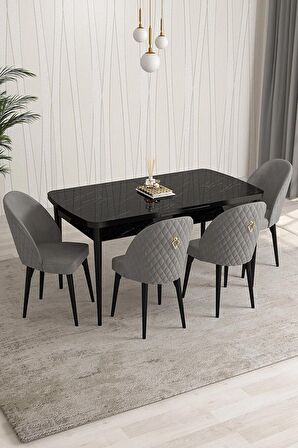 Rovena Arjeta Siyah Mermer 80x132 Açılabilir Mdf Mutfak Masası Takımı 4 Adet Sandalye