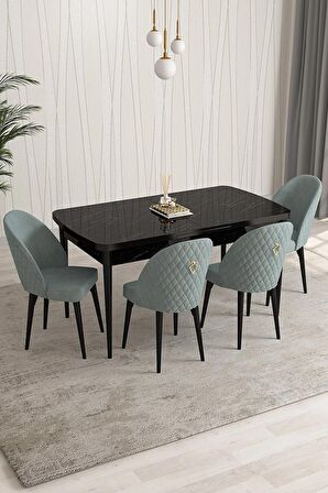 Rovena Arjeta Siyah Mermer 80x132 Açılabilir Mdf Mutfak Masası Takımı 4 Adet Sandalye
