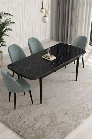 Rovena Arjeta Siyah Mermer 80x132 Açılabilir Mdf Mutfak Masası Takımı 4 Adet Sandalye