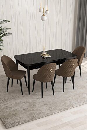 Rovena Arjeta Siyah Mermer 80x132 Açılabilir Mdf Mutfak Masası Takımı 4 Adet Sandalye