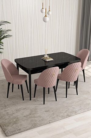 Rovena Arjeta Siyah Mermer 80x132 Açılabilir Mdf Mutfak Masası Takımı 4 Adet Sandalye
