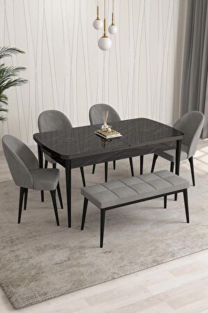 Rovena Arjeta Siyah Mermer 80x132 Açılabilir Mdf Mutfak Masası Takımı 4 Adet Sandalye+1 Bench