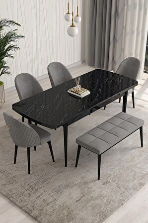 Rovena Arjeta Siyah Mermer 80x132 Açılabilir Mdf Mutfak Masası Takımı 4 Adet Sandalye+1 Bench