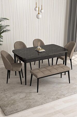 Rovena Arjeta Siyah Mermer 80x132 Açılabilir Mdf Mutfak Masası Takımı 4 Adet Sandalye+1 Bench