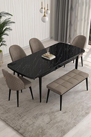 Rovena Arjeta Siyah Mermer 80x132 Açılabilir Mdf Mutfak Masası Takımı 4 Adet Sandalye+1 Bench