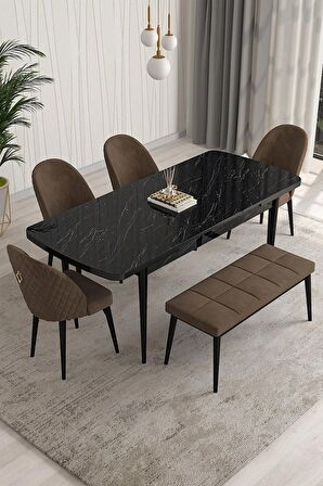 Rovena Arjeta Siyah Mermer 80x132 Açılabilir Mdf Mutfak Masası Takımı 4 Adet Sandalye+1 Bench