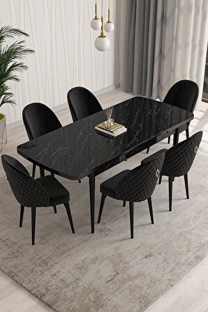 Rovena Arjeta Siyah Mermer 80x132 Açılabilir Mdf Mutfak Masası Takımı 6 Adet Sandalye