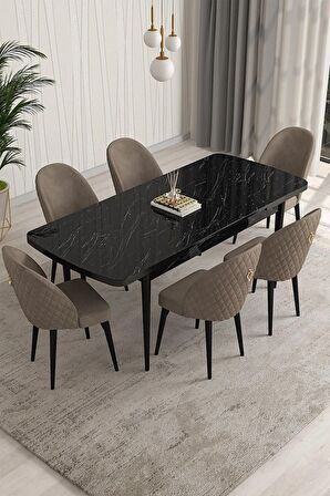 Rovena Arjeta Siyah Mermer 80x132 Açılabilir Mdf Mutfak Masası Takımı 6 Adet Sandalye