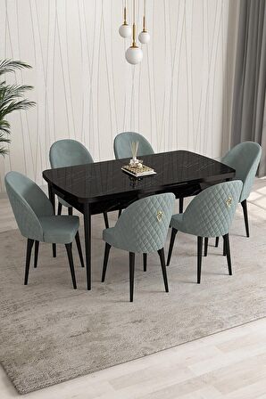 Rovena Arjeta Siyah Mermer 80x132 Açılabilir Mdf Mutfak Masası Takımı 6 Adet Sandalye