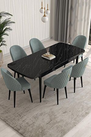 Rovena Arjeta Siyah Mermer 80x132 Açılabilir Mdf Mutfak Masası Takımı 6 Adet Sandalye