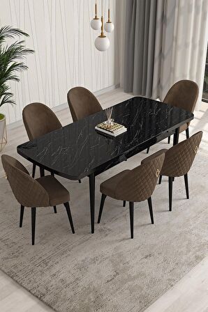 Rovena Arjeta Siyah Mermer 80x132 Açılabilir Mdf Mutfak Masası Takımı 6 Adet Sandalye