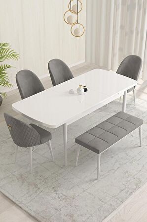 Rovena Marsilya Beyaz 80x132 Açılabilir Mdf Mutfak Masası Takımı 4 Adet Sandalye+1 Bench