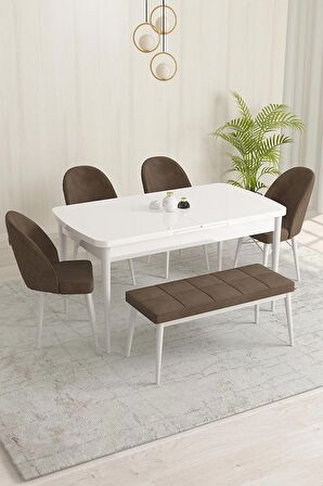 Rovena Marsilya Beyaz 80x132 Açılabilir Mdf Mutfak Masası Takımı 4 Adet Sandalye+1 Bench